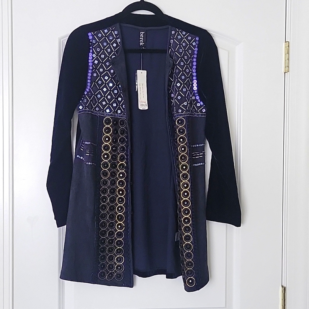Decorated blue velvet overcoat